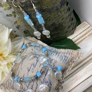 Hand Crafted Acrylic Pearl, Czech Glass Blue and Silver Coquette Bracelet